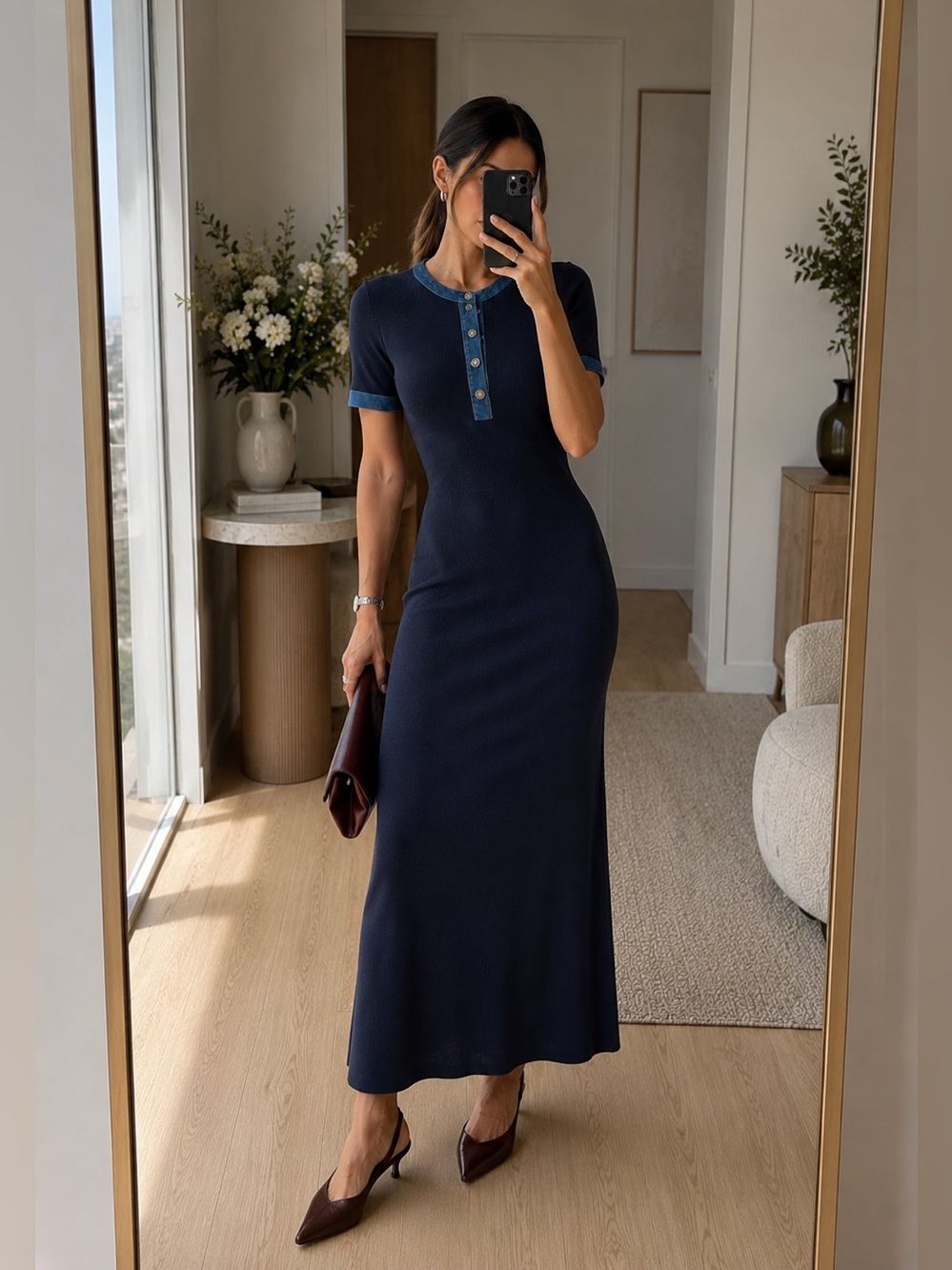 Torn by Ronny Kobo Navy Knit Denim Trim Maxi Dress Size M